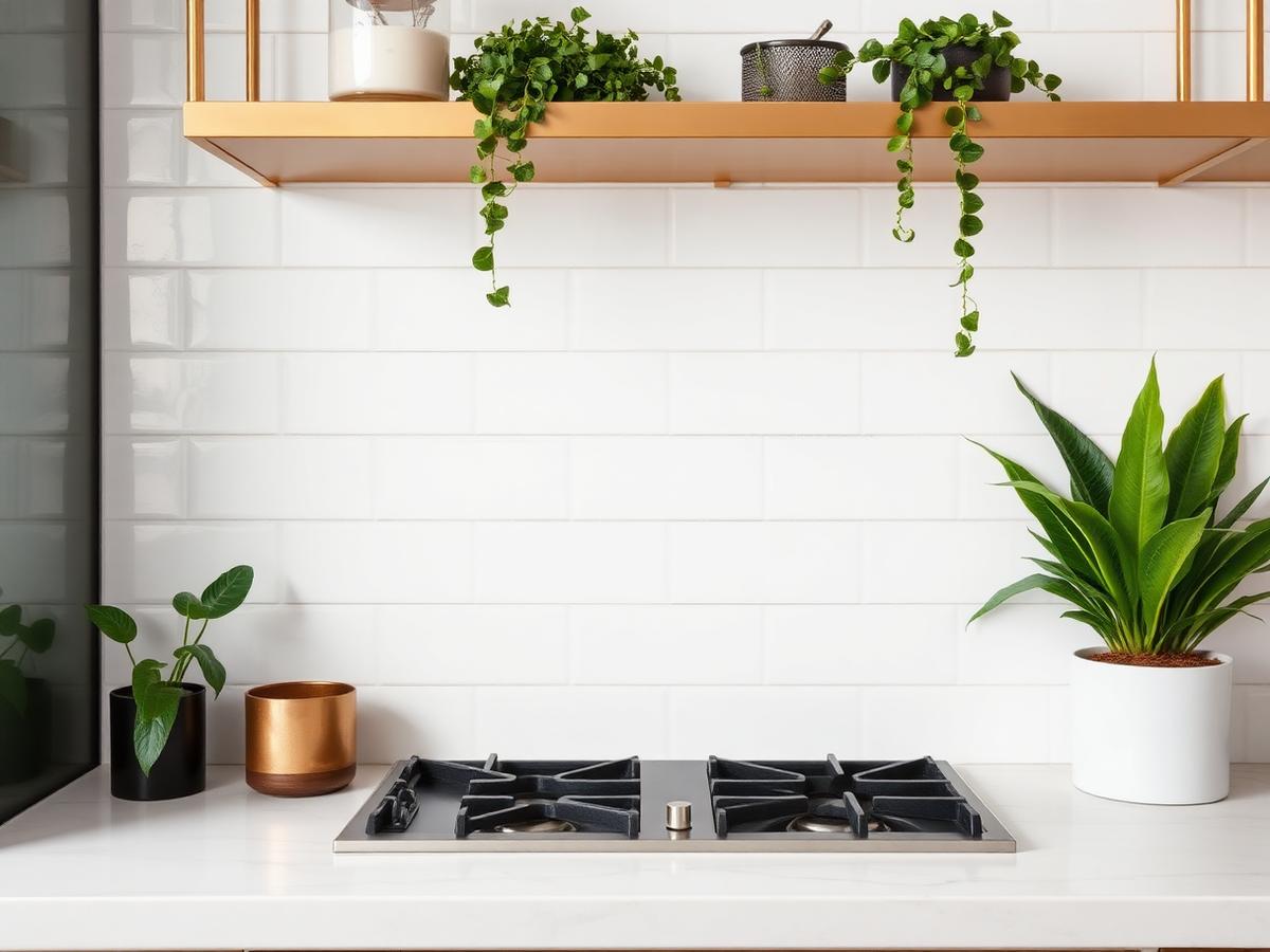 Subway tile backsplash with brass shelving
