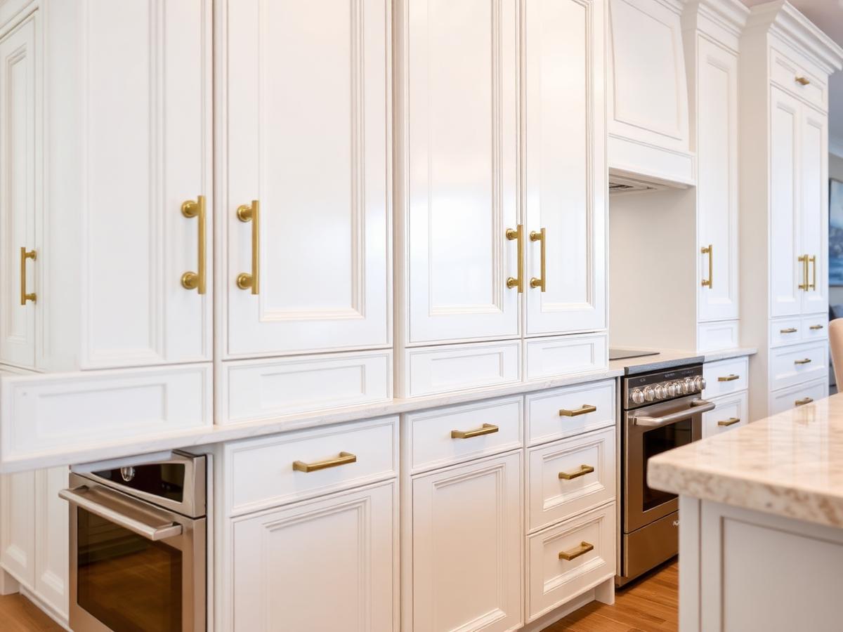 Custom white shaker cabinets with brass hardware