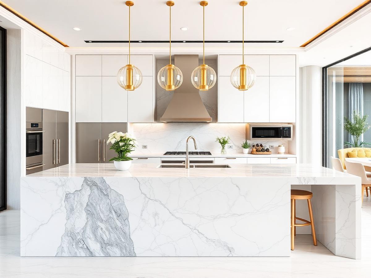 Marble waterfall kitchen island with pendant lights